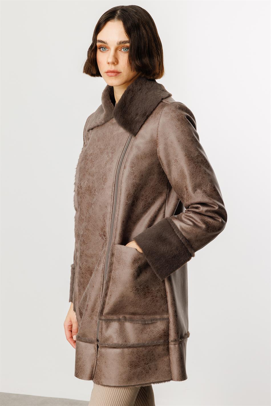 Crok Faux Leather and Soft Fur Lined Sport Coat - Mink