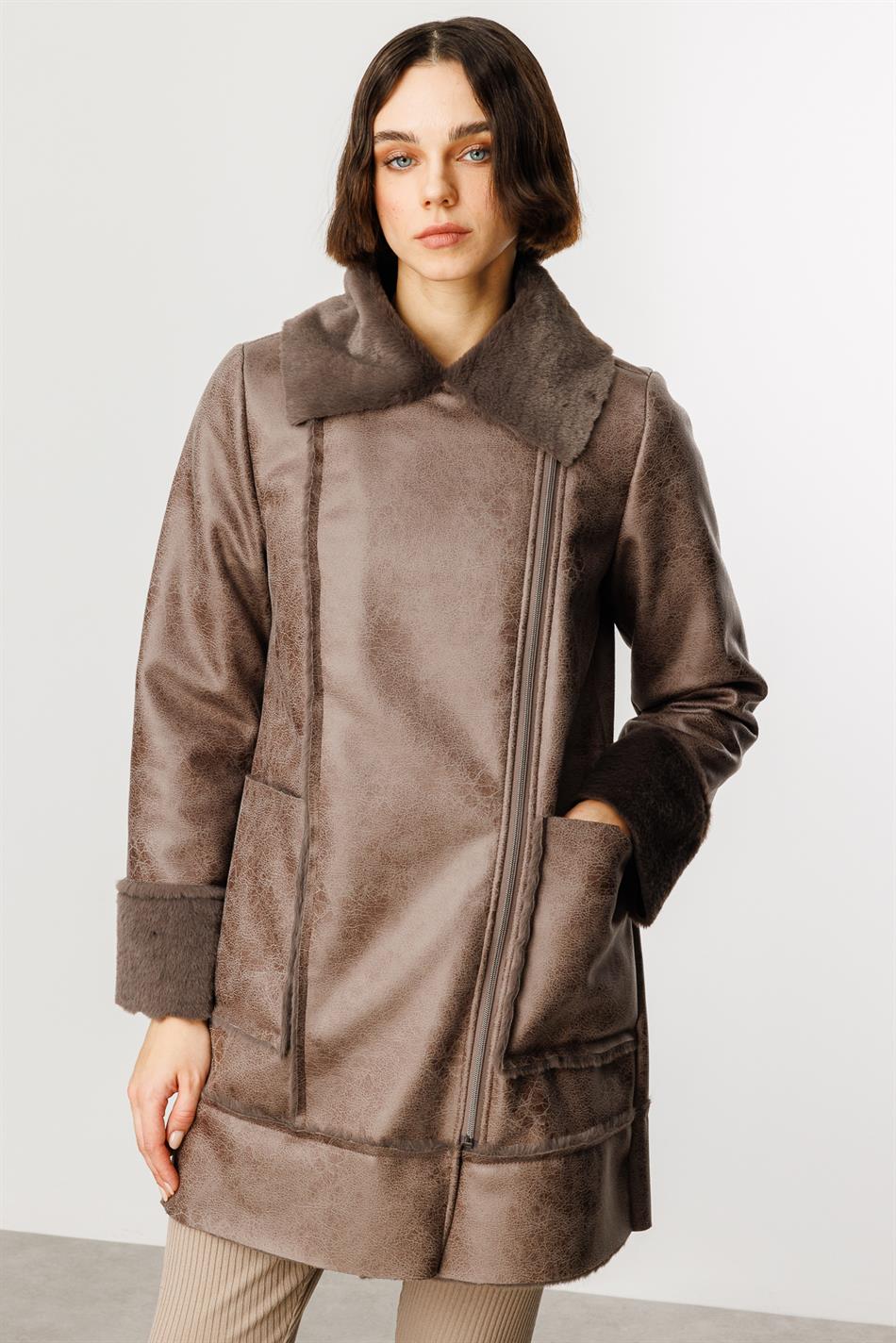 Crok Faux Leather and Soft Fur Lined Sport Coat - Mink