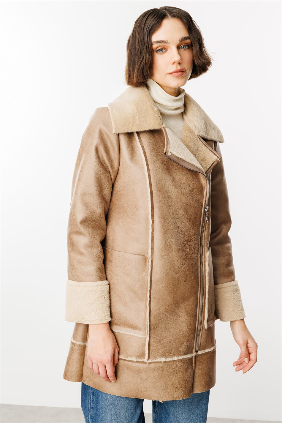 Crok Faux Leather and Soft Fur Lined Sport Coat - Stone