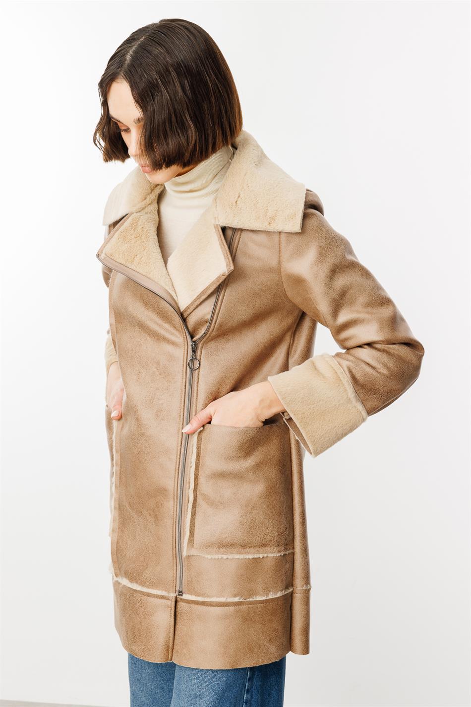 Crok Faux Leather and Soft Fur Lined Sport Coat - Stone