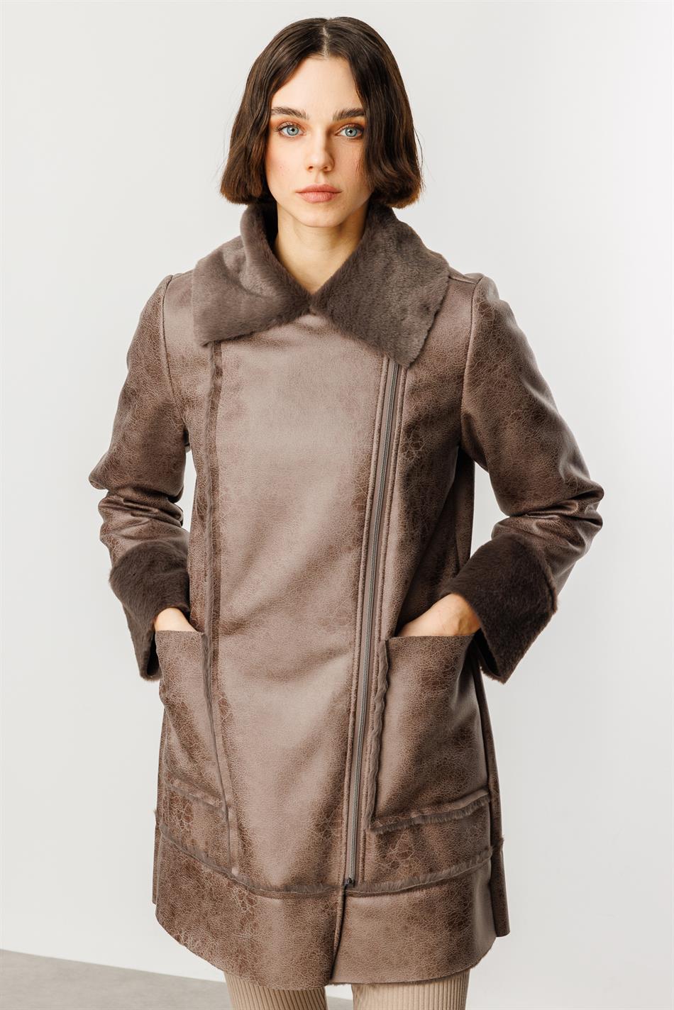 Crok Faux Leather and Soft Fur Lined Sport Coat - Mink