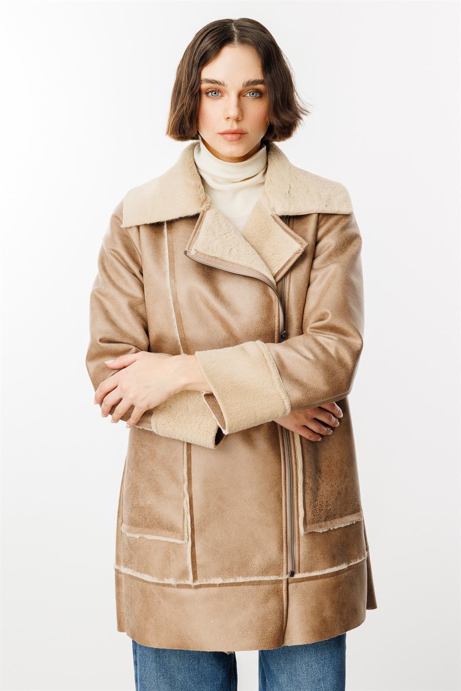 Crok Faux Leather and Soft Fur Lined Sport Coat - Stone