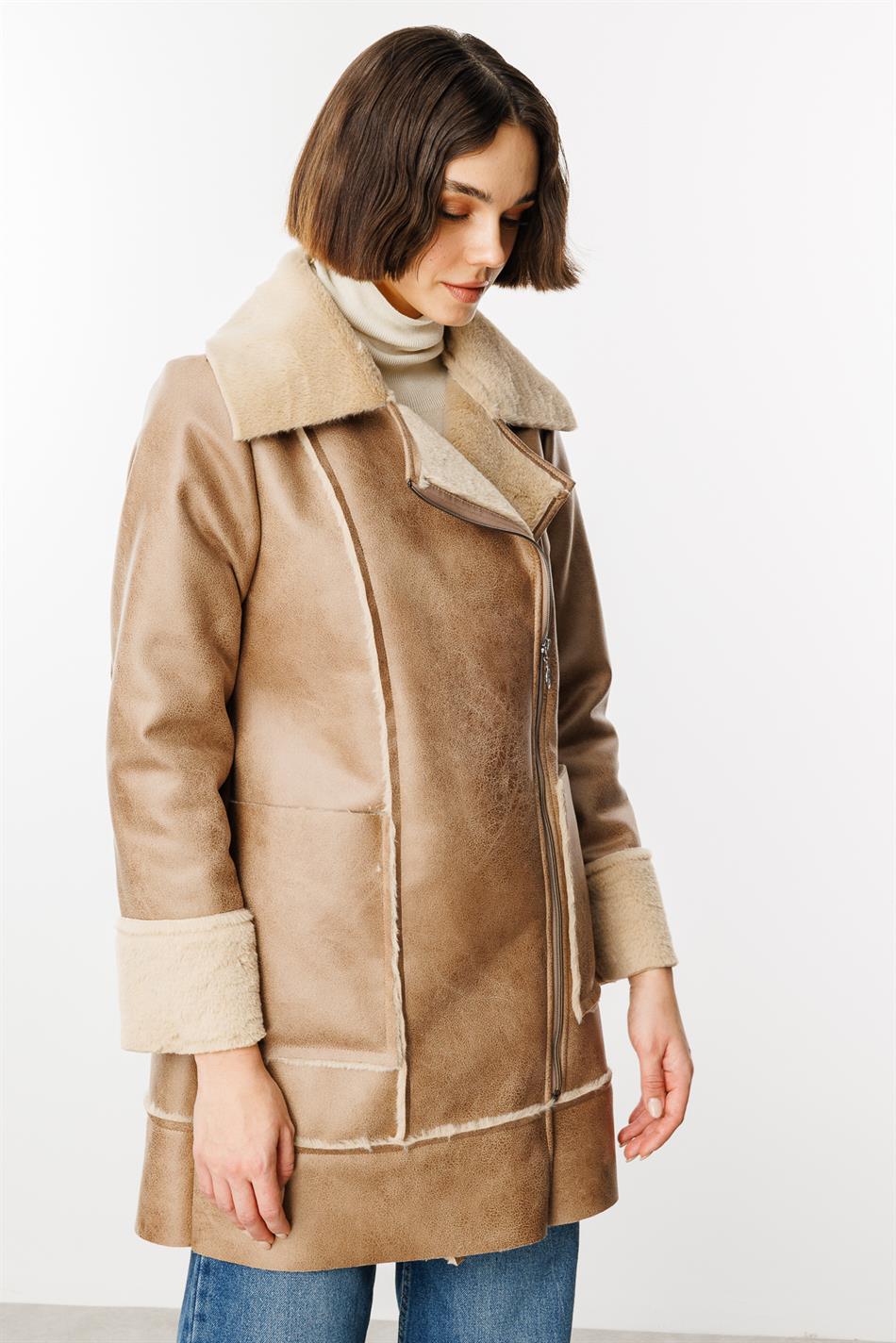 Crok Faux Leather and Soft Fur Lined Sport Coat - Stone