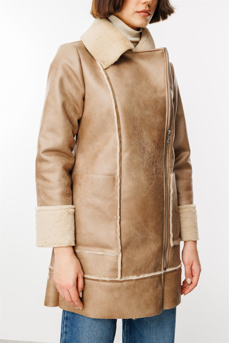 Crok Faux Leather and Soft Fur Lined Sport Coat - Stone