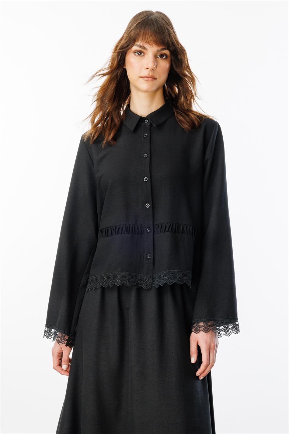 Seidenrock und Tunika-Set mit Spitzendetails – Schwarz