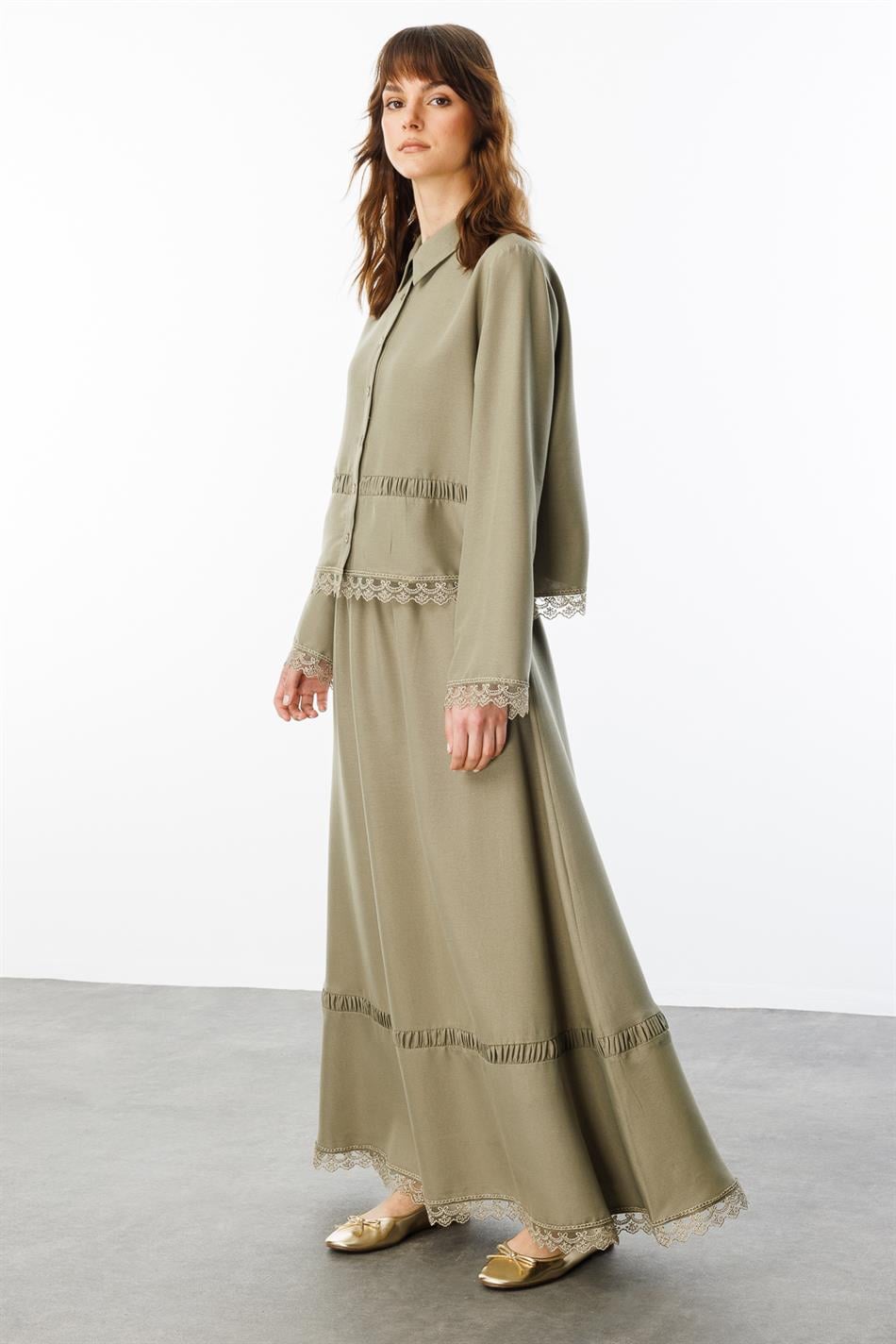 Dantel Detaylı İpekçe Kumaş Etek - Tunik Kombin Takım-Haki