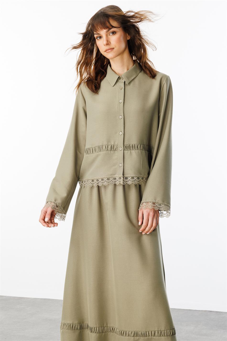 Dantel Detaylı İpekçe Kumaş Etek - Tunik Kombin Takım-Haki