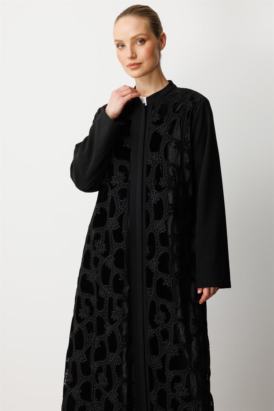 Krujeva Ön Bodice və Krep Parça Astarlı Abaya Pelerin - Qara