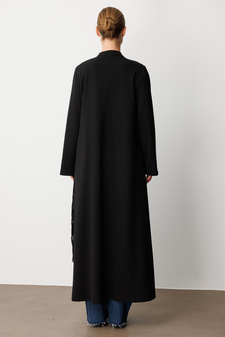 Krujeva Ön Bodice və Krep Parça Astarlı Abaya Pelerin - Qara