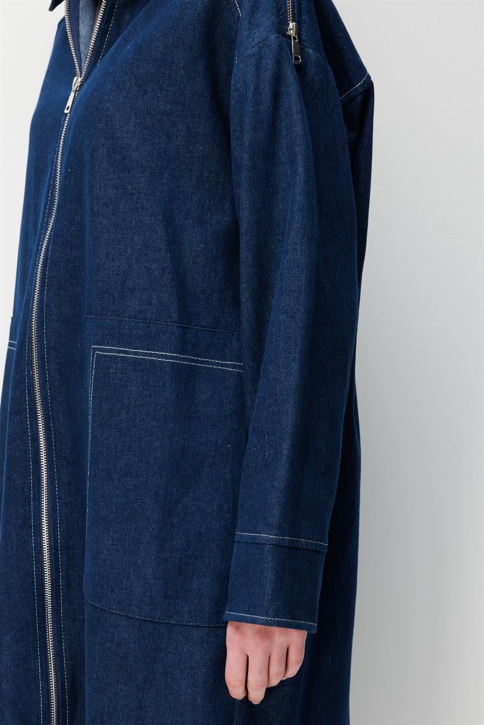 DENİM %100 Pamuk Hafif Konforlu Omuz ve Ön Fermuar Detaylı Taş İşlemeli Maxi Kap-Denim