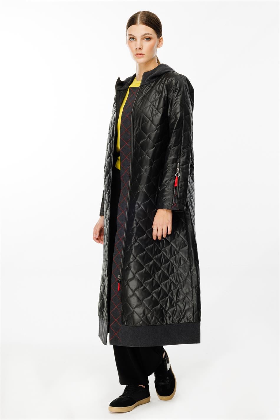Denim Rouge Quilted Padded Trim Zippered Spring Trench Coat - Black