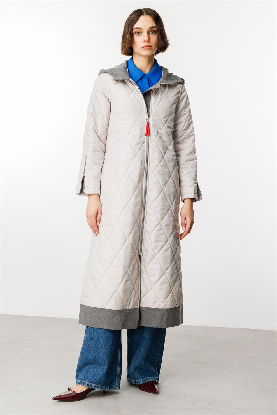 Denim Rouge Sırtılmış Yastıqlı Bezək Fermuarlı Yay Trench Palto - Boz