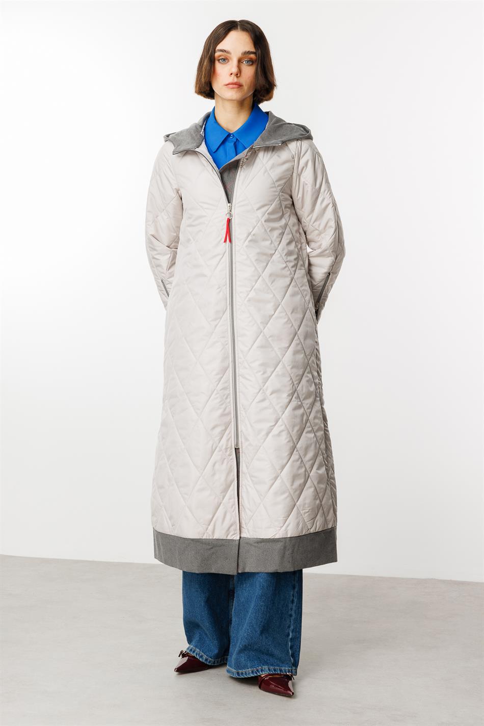 Denim Rouge Sırtılmış Yastıqlı Bezək Fermuarlı Yay Trench Palto - Boz
