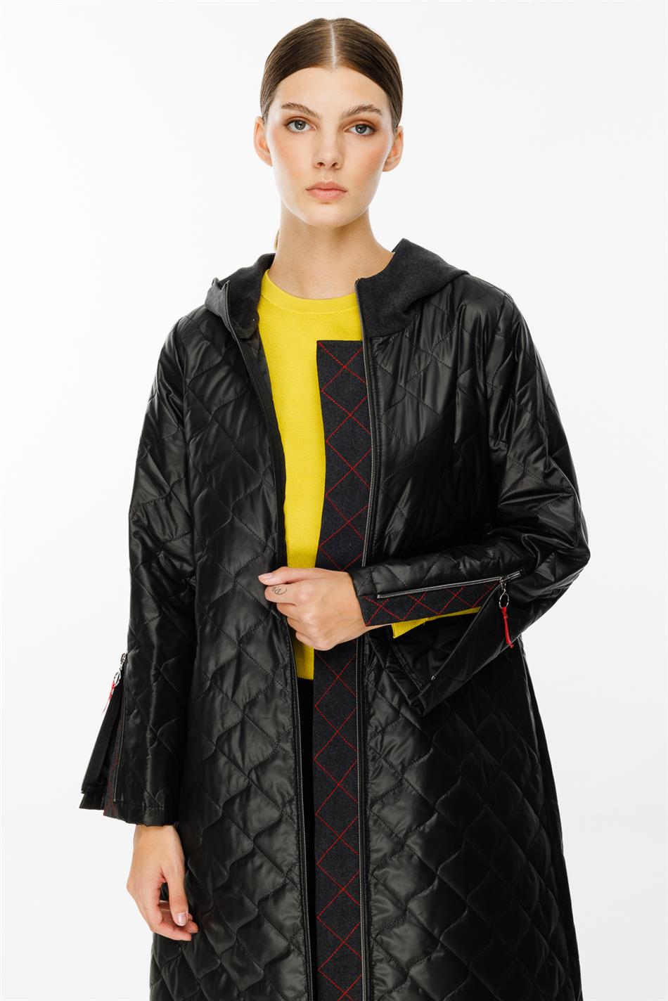 Denim Rouge Quilted Padded Trim Zippered Spring Trench Coat - Black