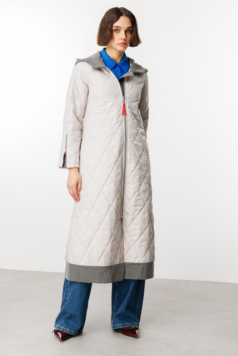 Denim Rouge Sırtılmış Yastıqlı Bezək Fermuarlı Yay Trench Palto - Boz