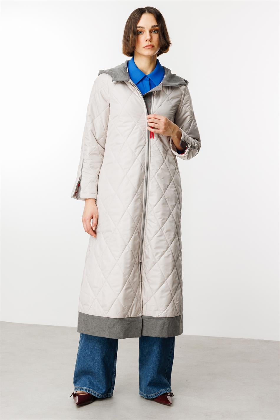 Denim Rouge Sırtılmış Yastıqlı Bezək Fermuarlı Yay Trench Palto - Boz