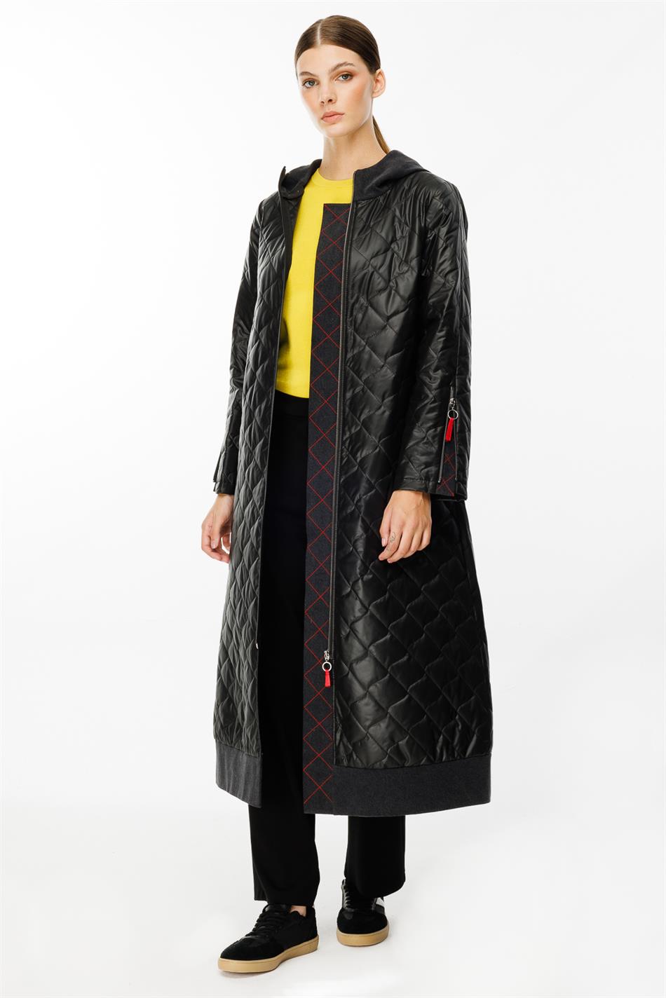 Denim Rouge Quilted Padded Trim Zippered Spring Trench Coat - Black