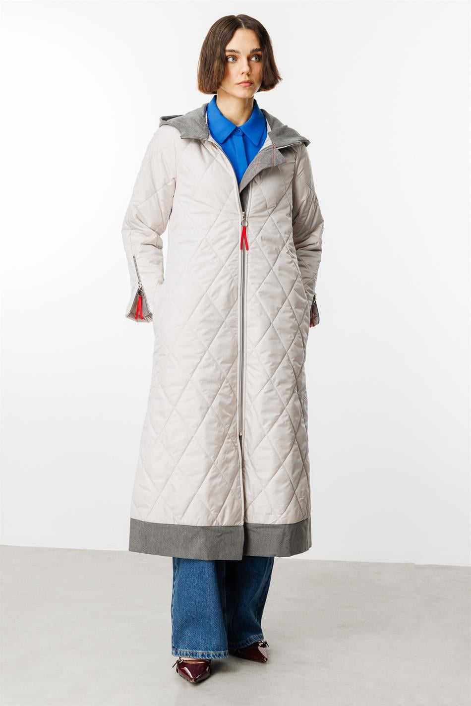 Denim Rouge Sırtılmış Yastıqlı Bezək Fermuarlı Yay Trench Palto - Boz
