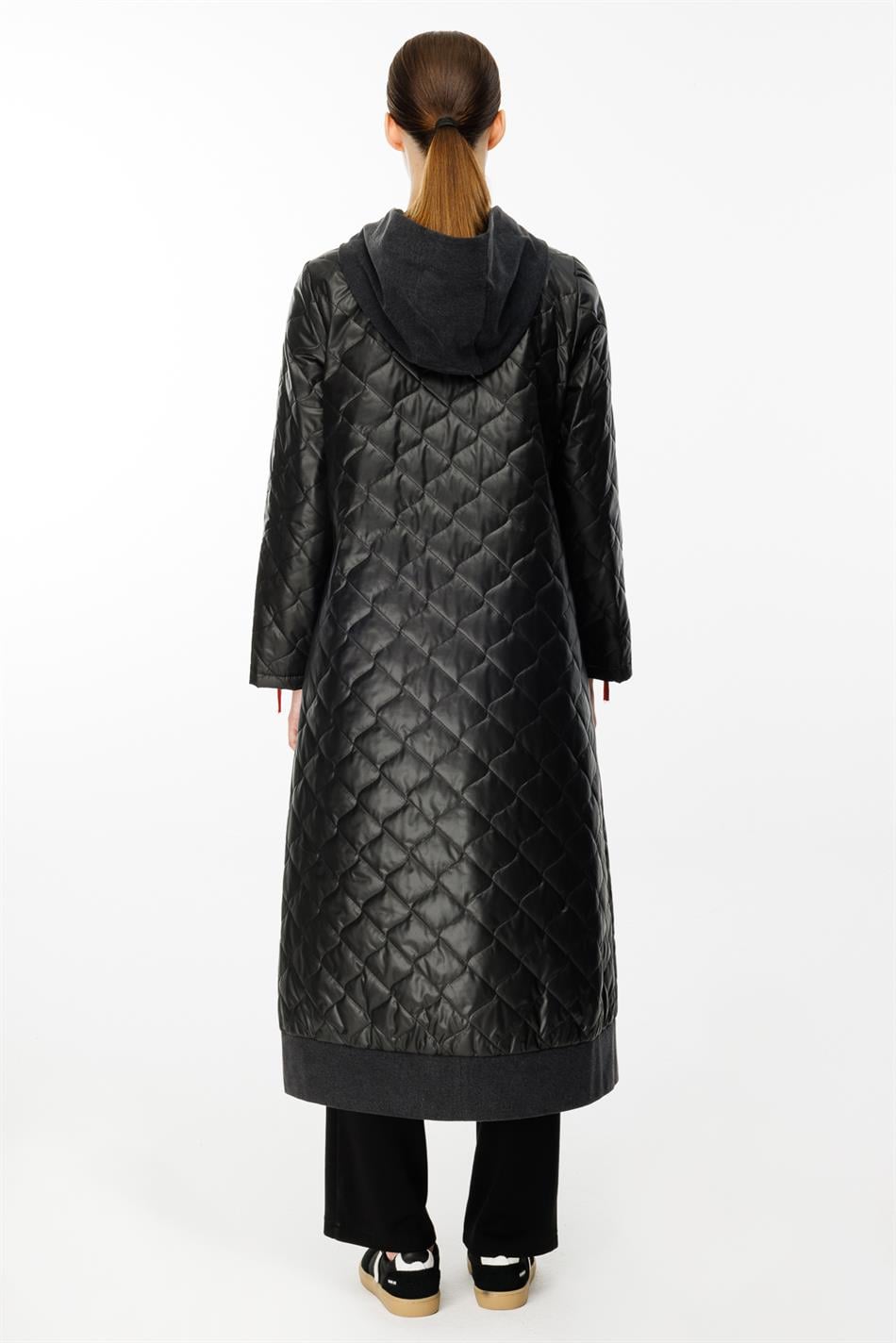 Denim Rouge Quilted Padded Trim Zippered Spring Trench Coat - Black
