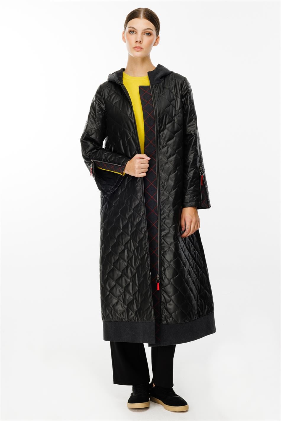 Denim Rouge Quilted Padded Trim Zippered Spring Trench Coat - Black