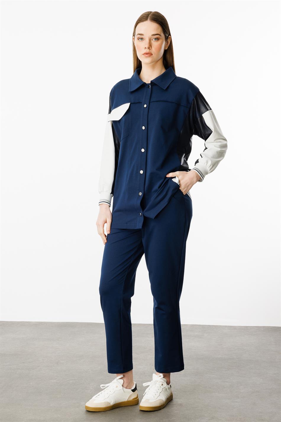 Broekenset van katoenmix met leerlook - Marineblauw