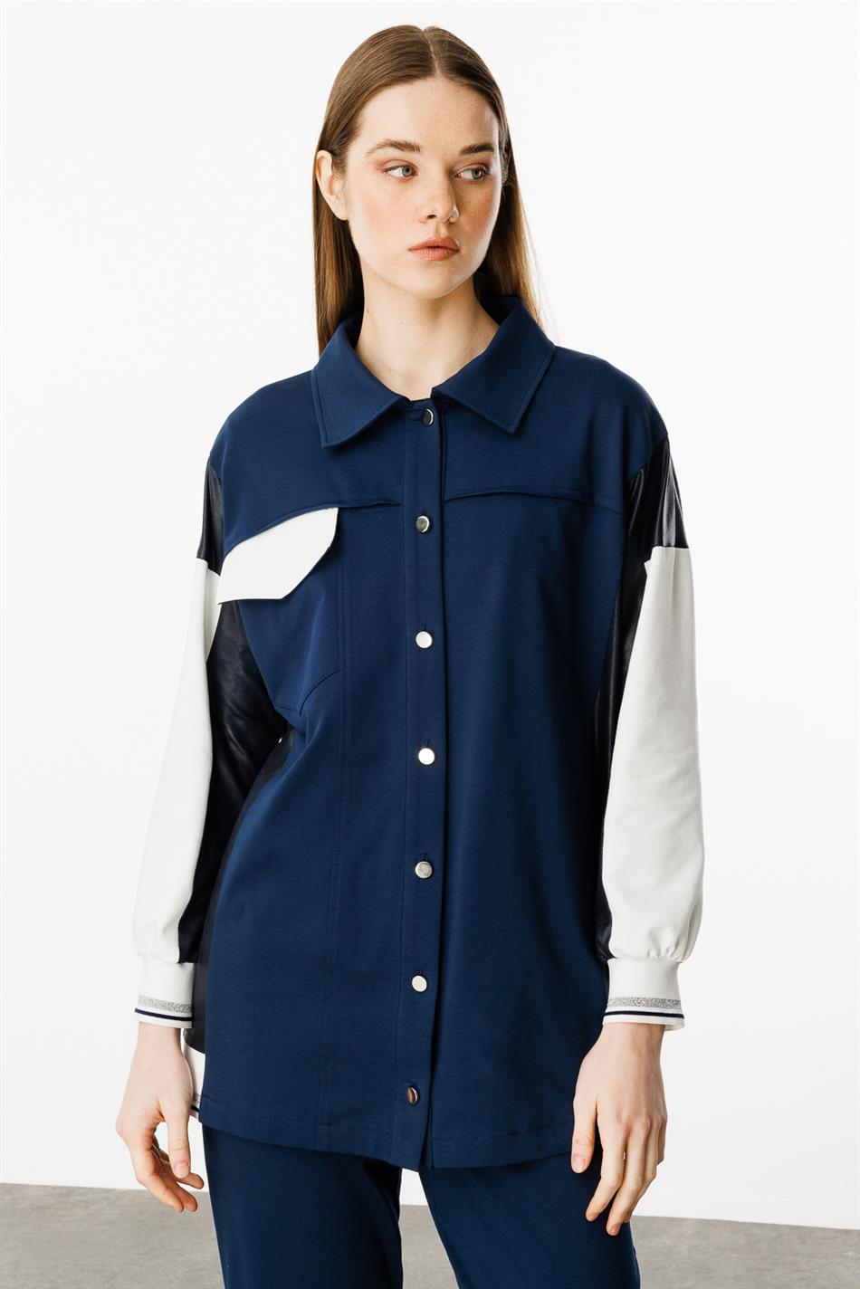 Broekenset van katoenmix met leerlook - Marineblauw