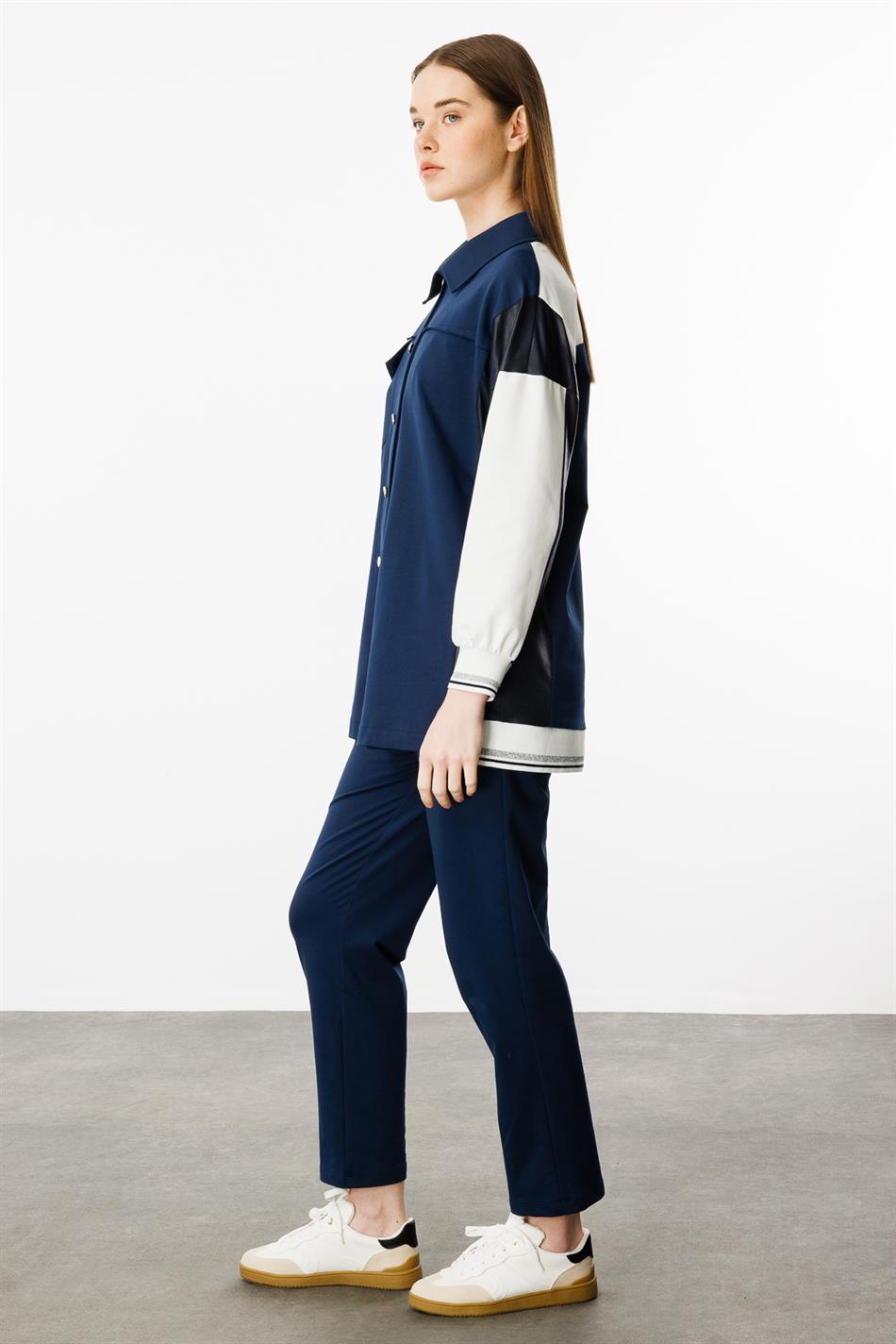 Broekenset van katoenmix met leerlook - Marineblauw