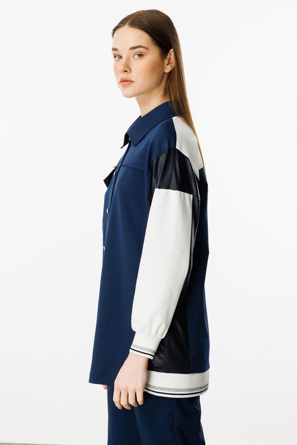 Broekenset van katoenmix met leerlook - Marineblauw