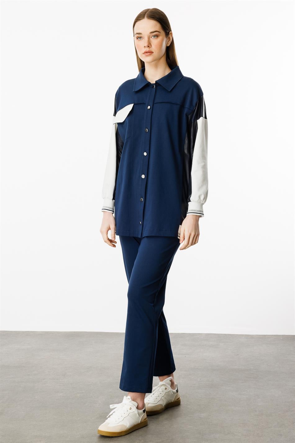 Broekenset van katoenmix met leerlook - Marineblauw