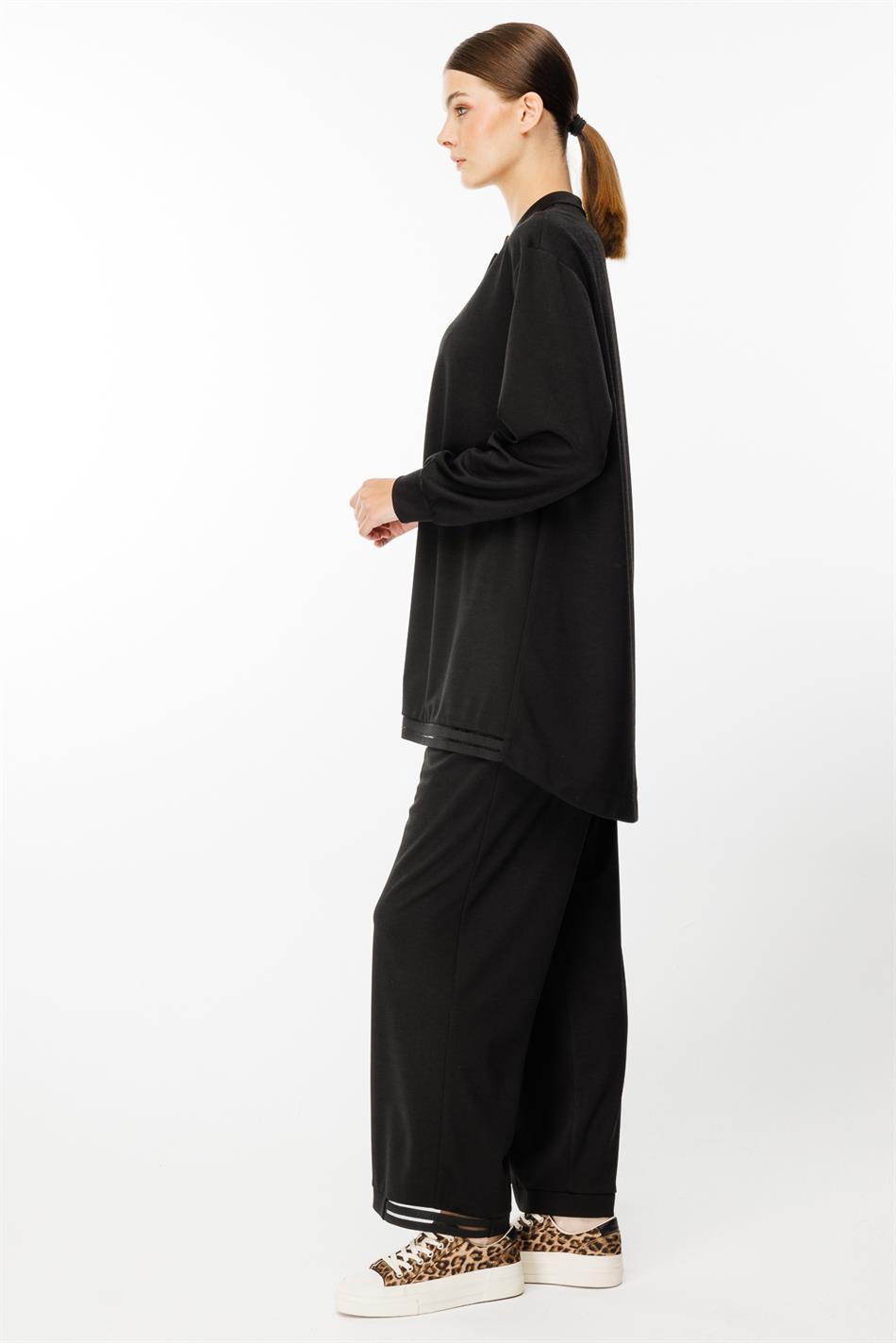 Deshi gebreide jas en broek set met sierdetails - Zwart