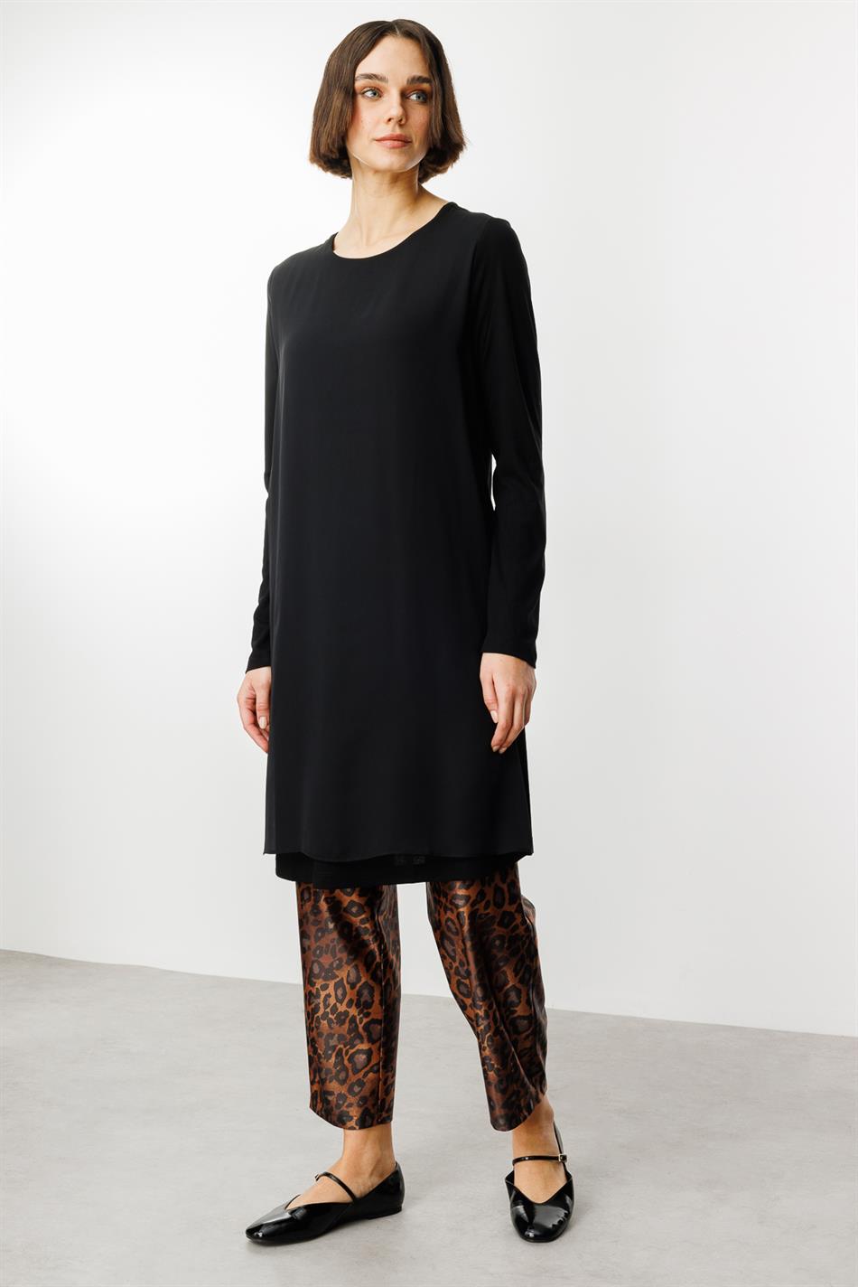 Chiffon-Hosen-Set mit Leopardenmuster, mittellang, einfarbig vorne - LEOPARD