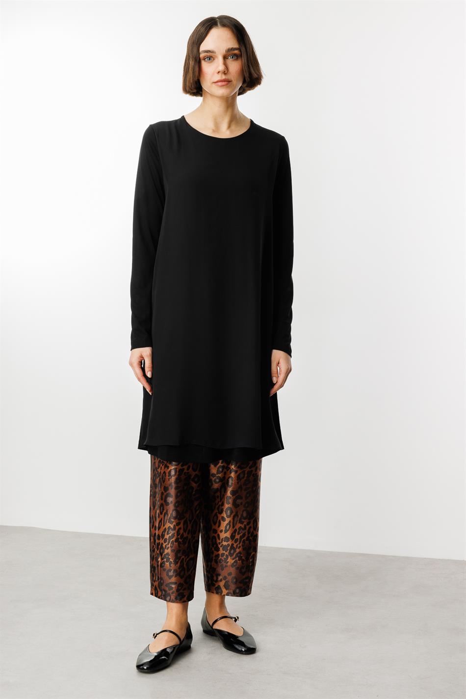 Chiffon-Hosen-Set mit Leopardenmuster, mittellang, einfarbig vorne - LEOPARD