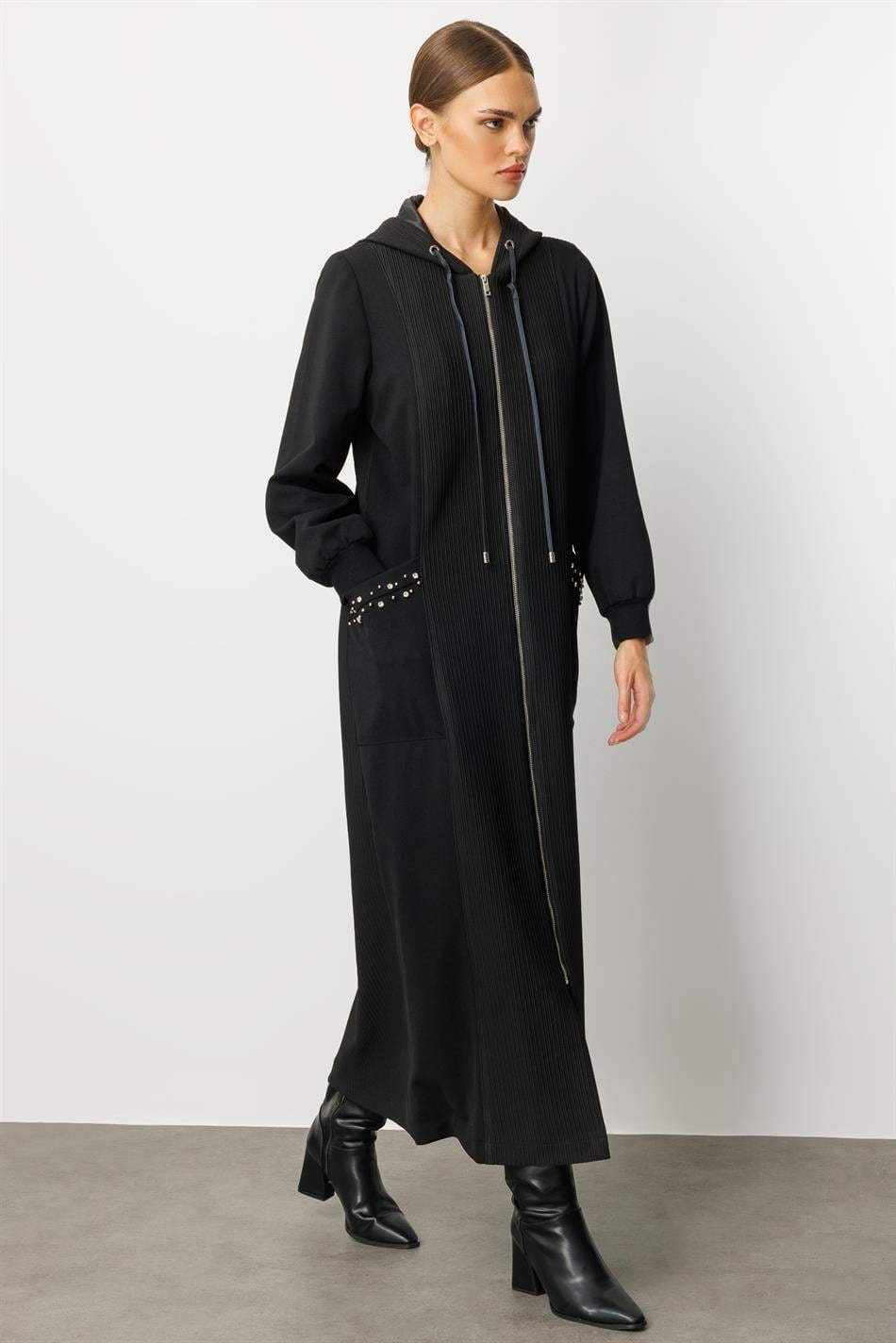 Handgefertigte Details, Otto- und Crêpe-Textur, sportlich-zeitloser Trenchcoat/Jacke für jede Jahreszeit – Schwarz