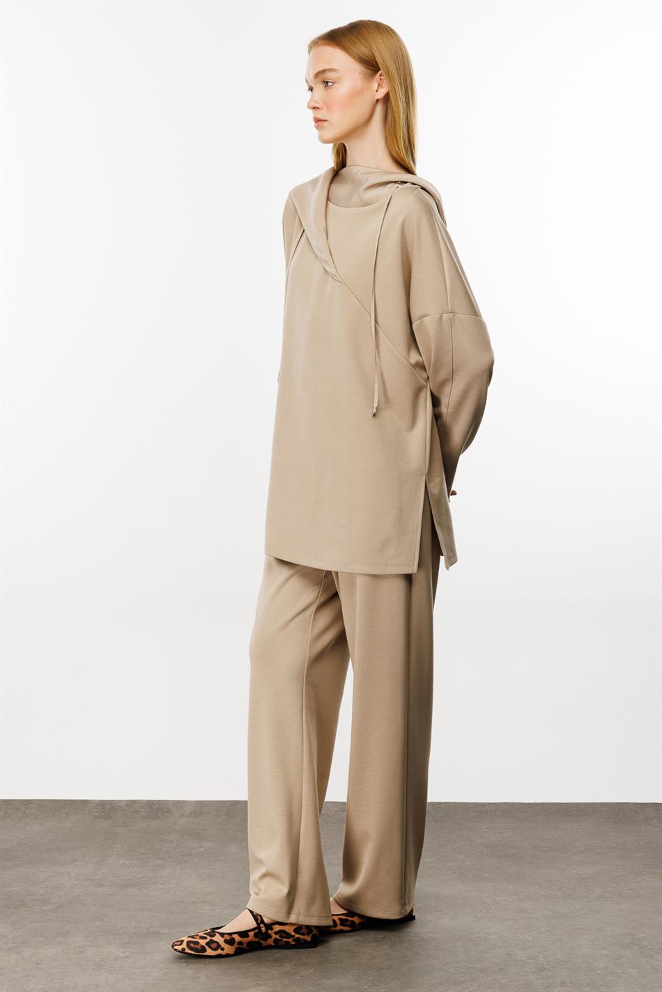 Endy Tafta Garnili Pantalon Üst Kombin Örme Pantolonlu Takım-Taş