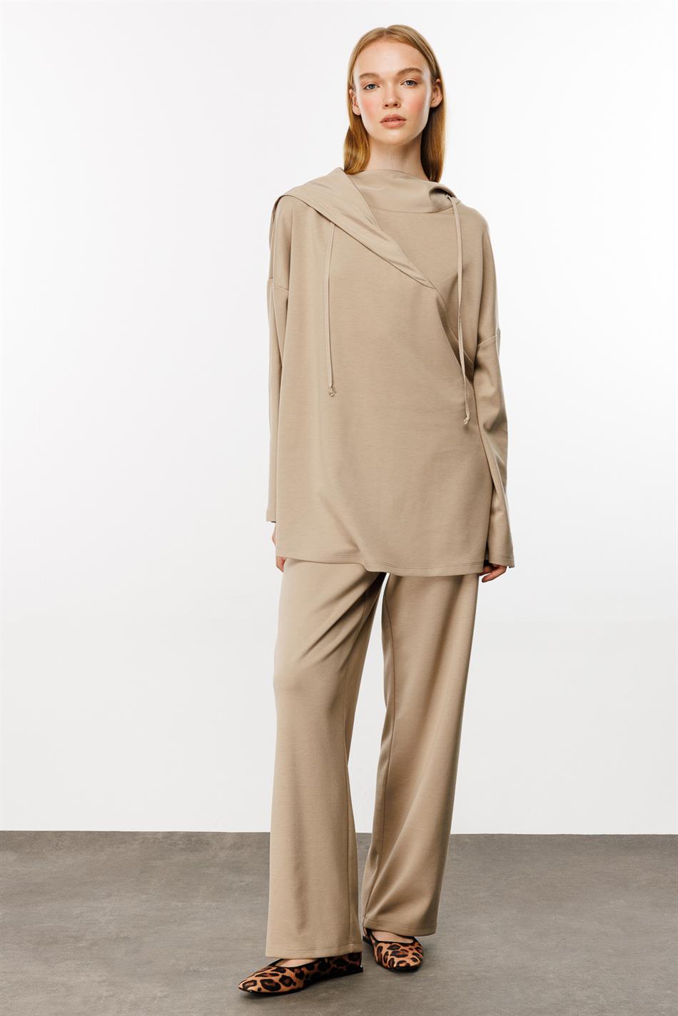 Endy Tafta Garnili Pantalon Üst Kombin Örme Pantolonlu Takım-Taş