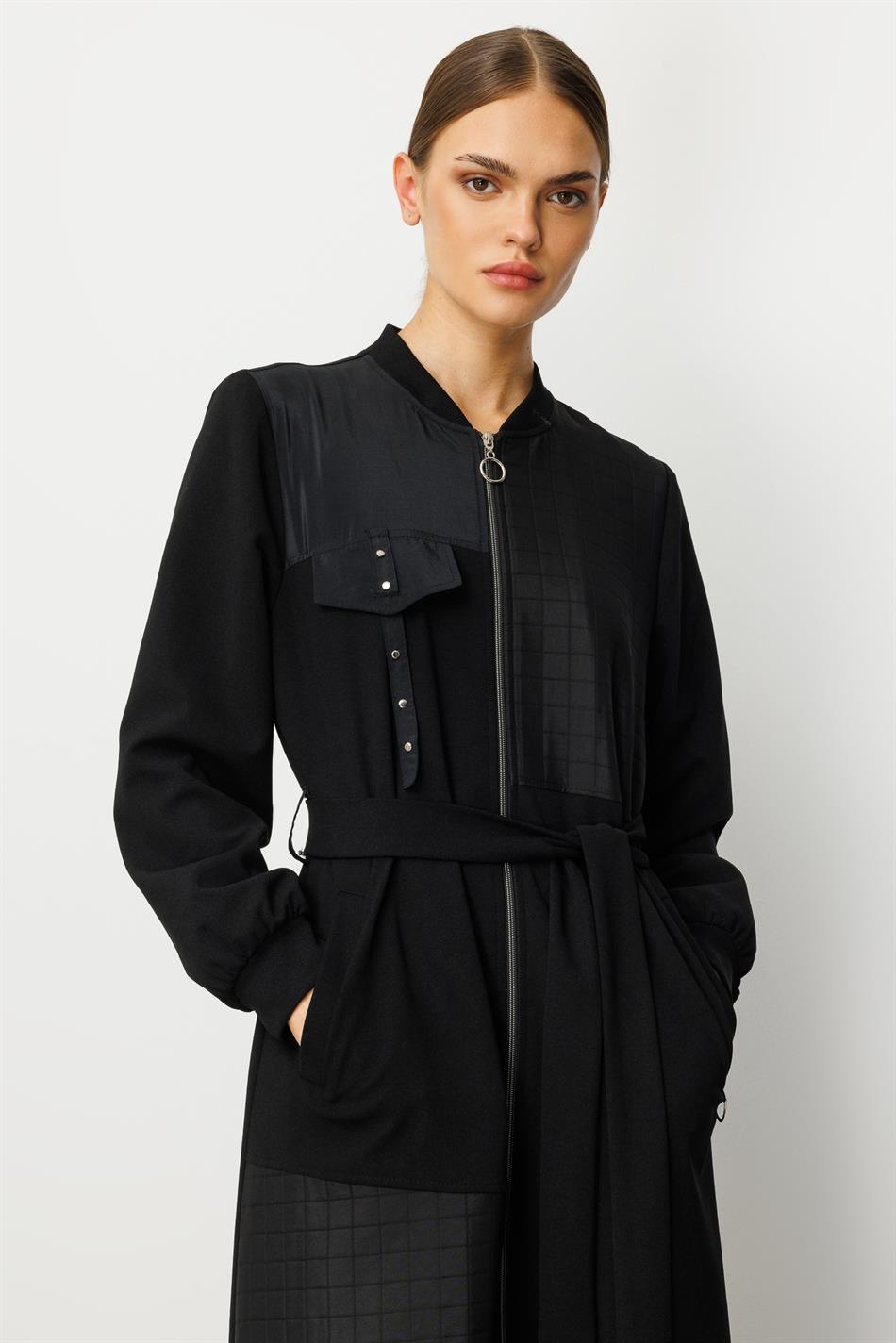 Farklı Kumaş Birleşimi Özel Garnili Astarlı Spor Trench / Kap yada Ferace Olarak Kullanım-Siyah