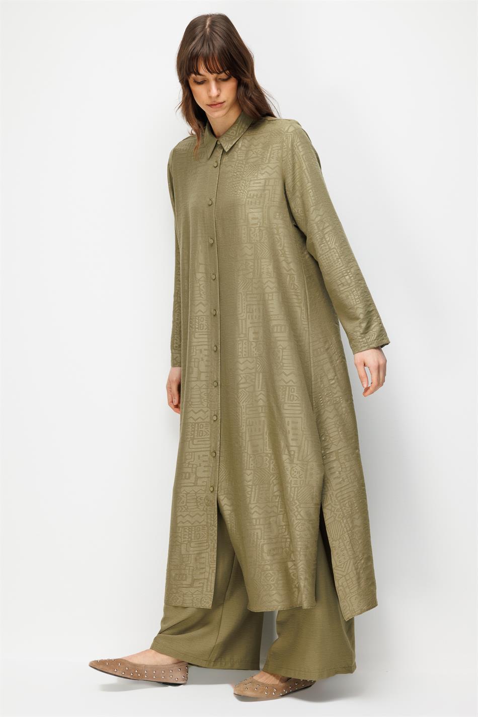 FENIX Özel Desen Soft Kumaş Beden İpekçe Sırt Aller Detaylı Maxi Tunik ve Pantalon Kombinli TAKIM-Haki