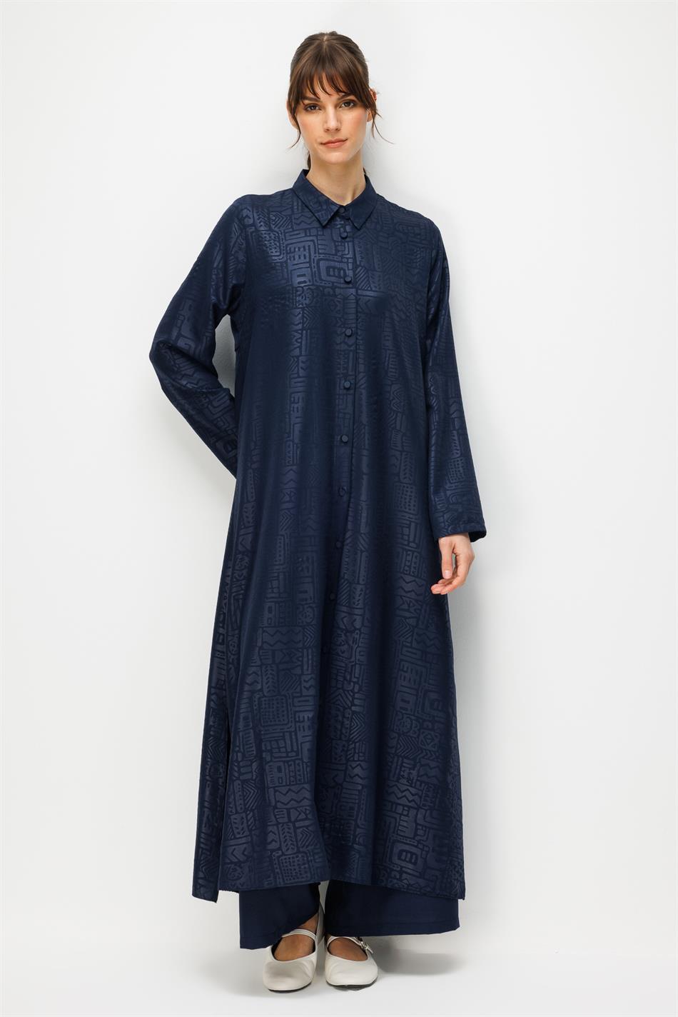 FENIX Özel Desen Soft Kumaş Beden İpekçe Sırt Aller Detaylı Maxi Tunik ve Pantalon Kombinli TAKIM-Laci