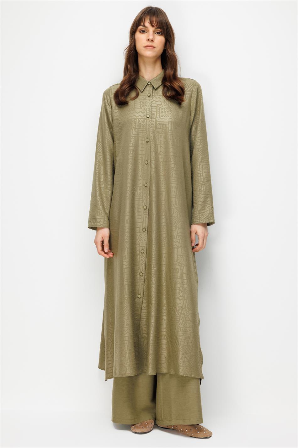 FENIX Özel Desen Soft Kumaş Beden İpekçe Sırt Aller Detaylı Maxi Tunik ve Pantalon Kombinli TAKIM-Haki