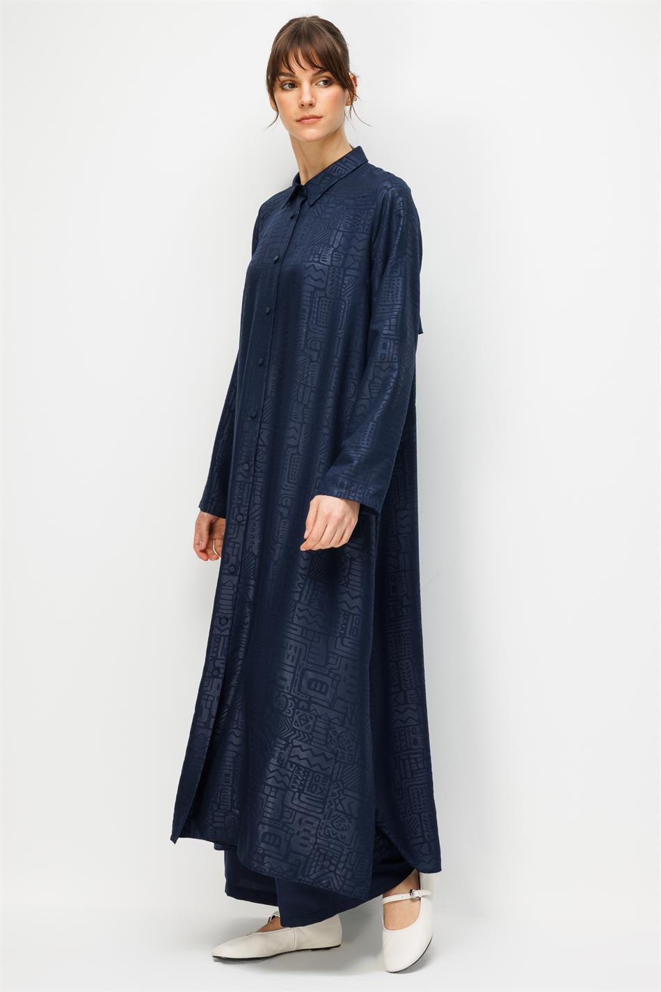 FENIX Özel Desen Soft Kumaş Beden İpekçe Sırt Aller Detaylı Maxi Tunik ve Pantalon Kombinli TAKIM-Laci