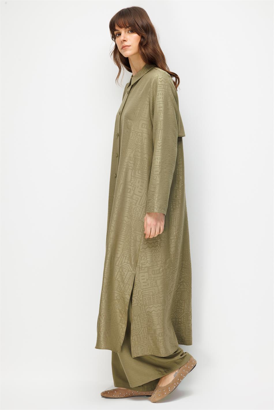 FENIX Özel Desen Soft Kumaş Beden İpekçe Sırt Aller Detaylı Maxi Tunik ve Pantalon Kombinli TAKIM-Haki