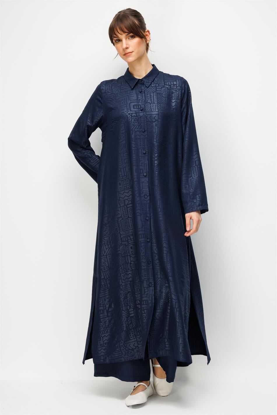 FENIX Özel Desen Soft Kumaş Beden İpekçe Sırt Aller Detaylı Maxi Tunik ve Pantalon Kombinli TAKIM-Laci