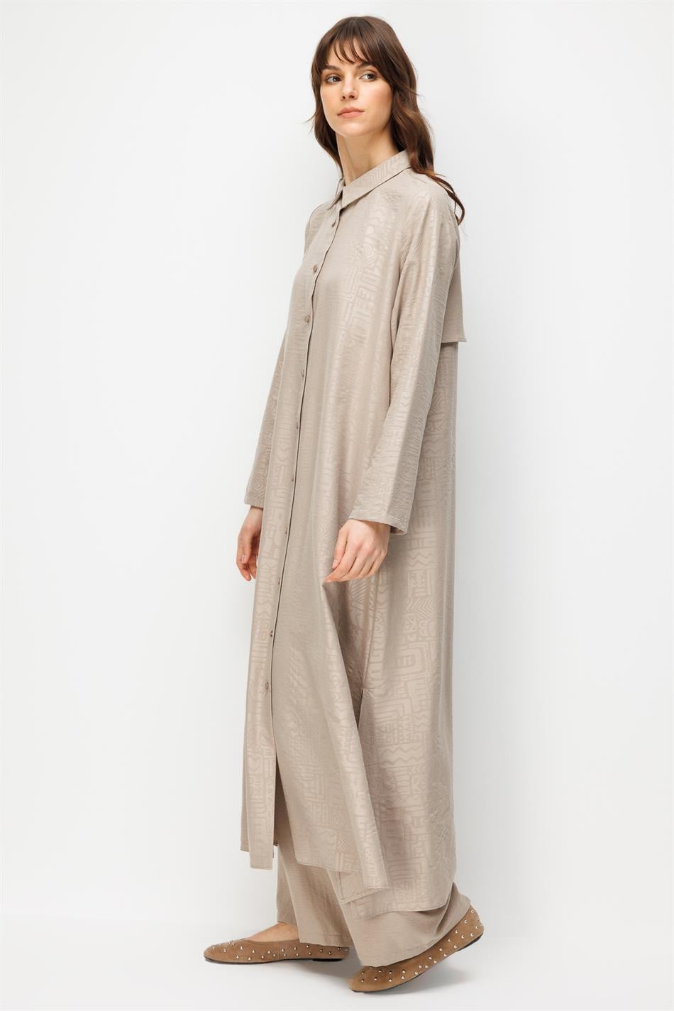 FENIX Özel Desen Soft Kumaş Beden İpekçe Sırt Aller Detaylı Maxi Tunik ve Pantalon Kombinli TAKIM-Taş