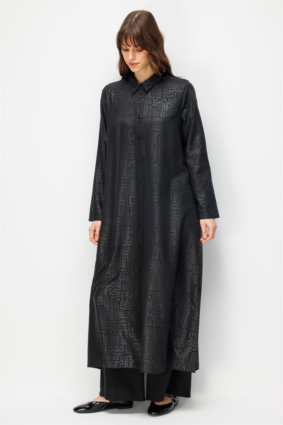 FENIX Özel Desen Soft Kumaş Beden İpekçe Sırt Aller Detaylı Maxi Tunik ve Pantalon Kombinli TAKIM-Siyah