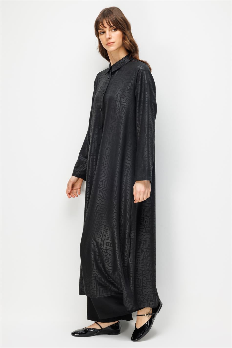 FENIX Özel Desen Soft Kumaş Beden İpekçe Sırt Aller Detaylı Maxi Tunik ve Pantalon Kombinli TAKIM-Siyah