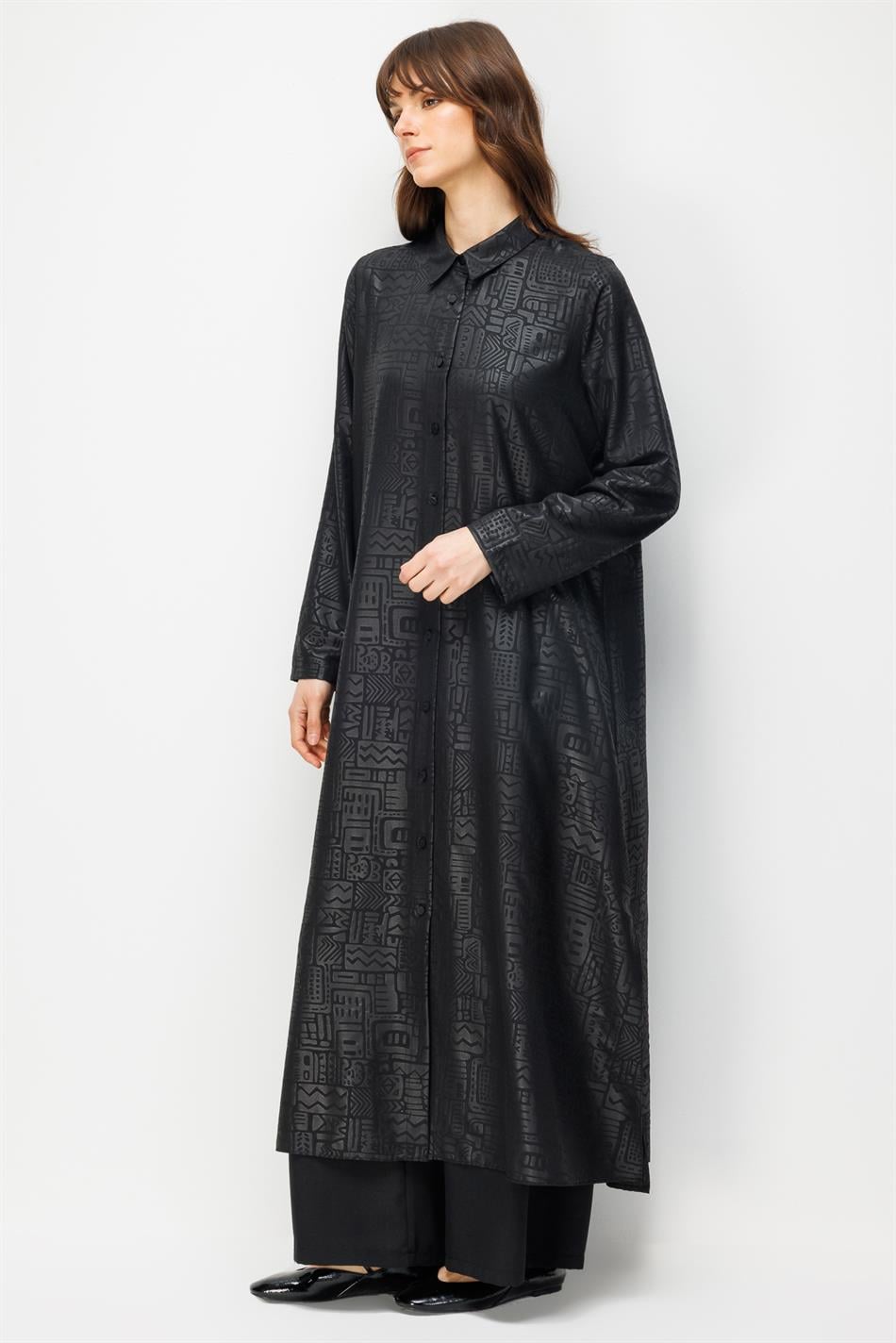 FENIX Özel Desen Soft Kumaş Beden İpekçe Sırt Aller Detaylı Maxi Tunik ve Pantalon Kombinli TAKIM-Siyah