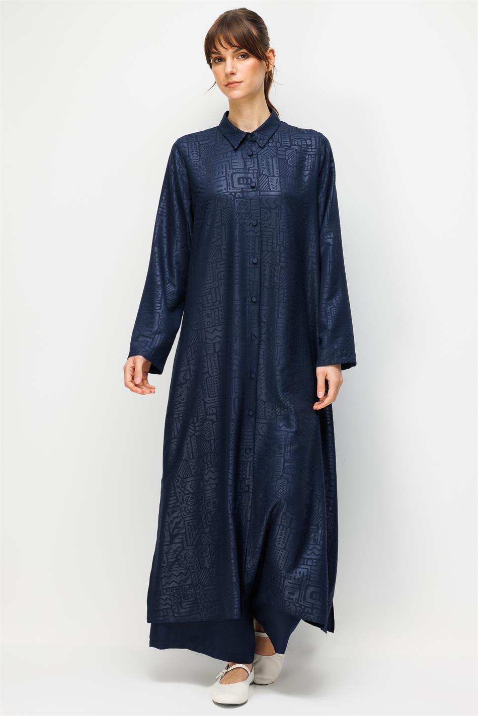 FENIX Özel Desen Soft Kumaş Beden İpekçe Sırt Aller Detaylı Maxi Tunik ve Pantalon Kombinli TAKIM-Laci