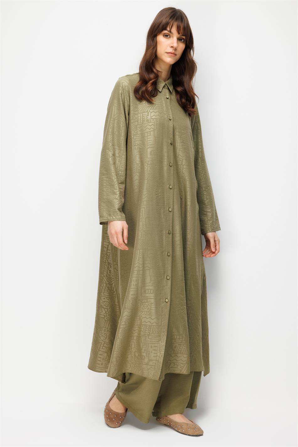 FENIX Özel Desen Soft Kumaş Beden İpekçe Sırt Aller Detaylı Maxi Tunik ve Pantalon Kombinli TAKIM-Haki