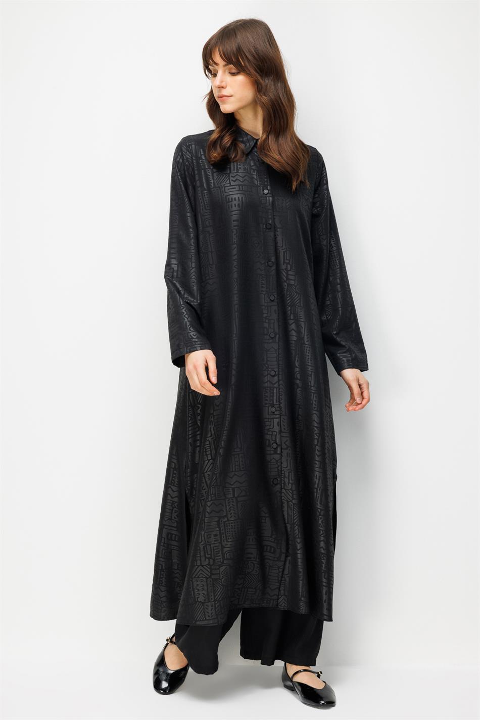 FENIX Özel Desen Soft Kumaş Beden İpekçe Sırt Aller Detaylı Maxi Tunik ve Pantalon Kombinli TAKIM-Siyah