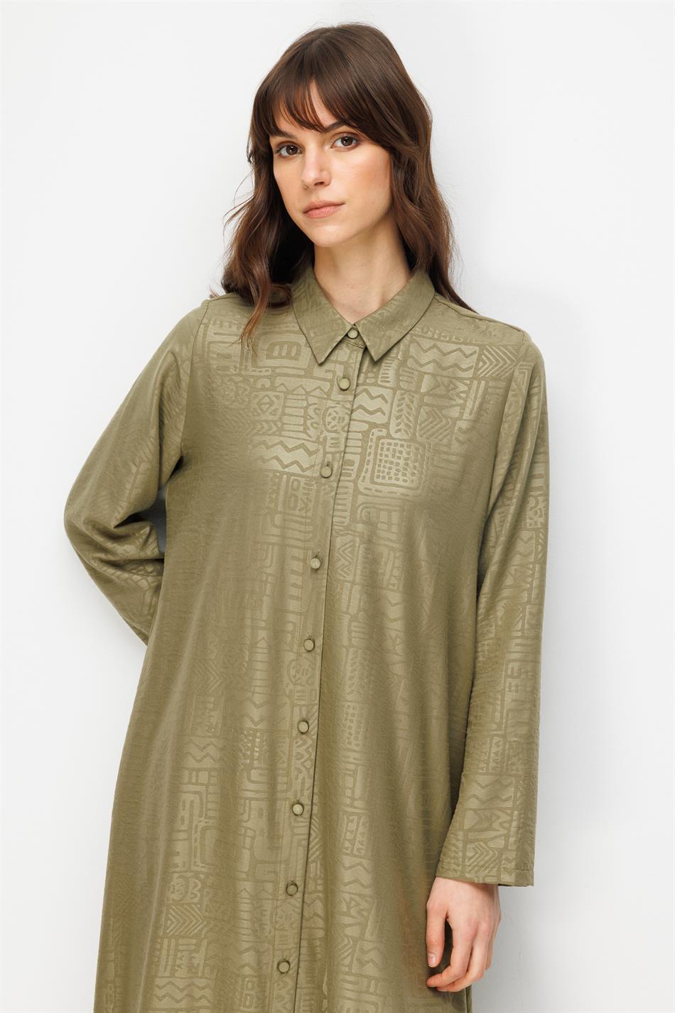 FENIX Özel Desen Soft Kumaş Beden İpekçe Sırt Aller Detaylı Maxi Tunik ve Pantalon Kombinli TAKIM-Haki